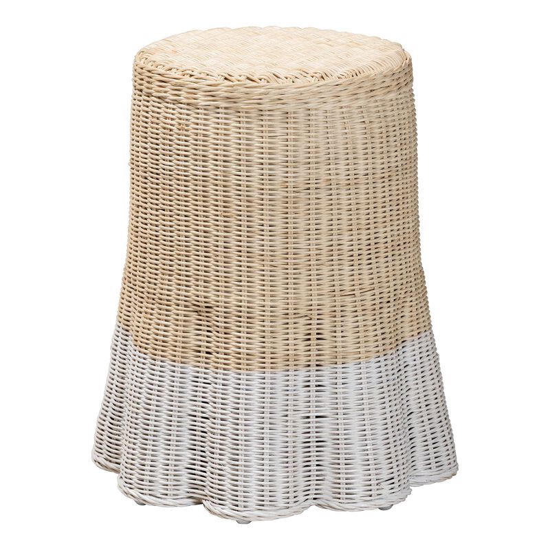bali & pari Sarna Natural Rattan End Table - Handwoven Wicker Accent Table with Scalloped Base and Two-Tone Finish, Boho Coastal Style Side Table