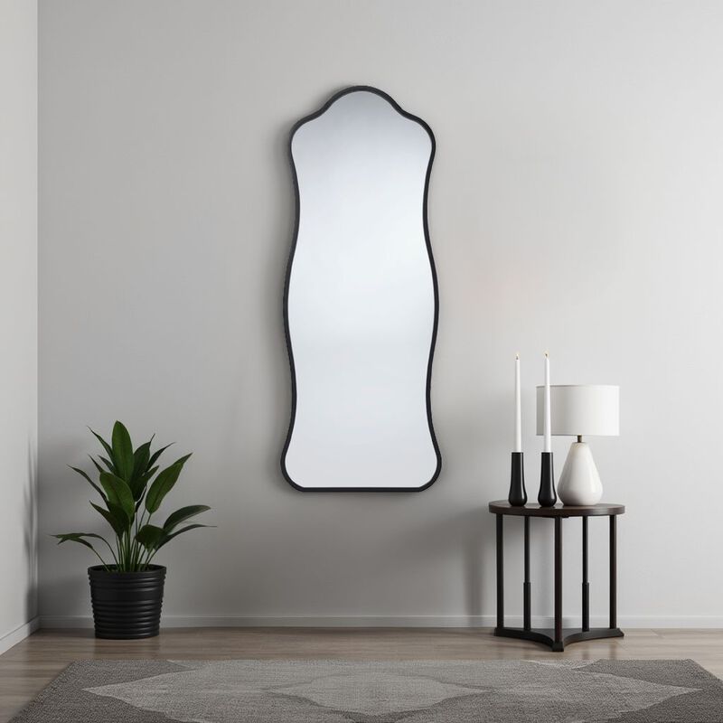 Ari Floor Mirror, 58 Inch, Black Metal Wavy Frame, Hand Forged Iron - Benzara