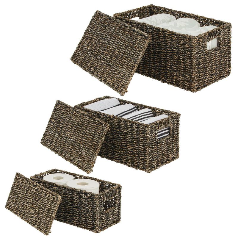 mDesign Woven Seagrass Home Storage Basket with Lid, Set of 3 - Brown Finish image number 9