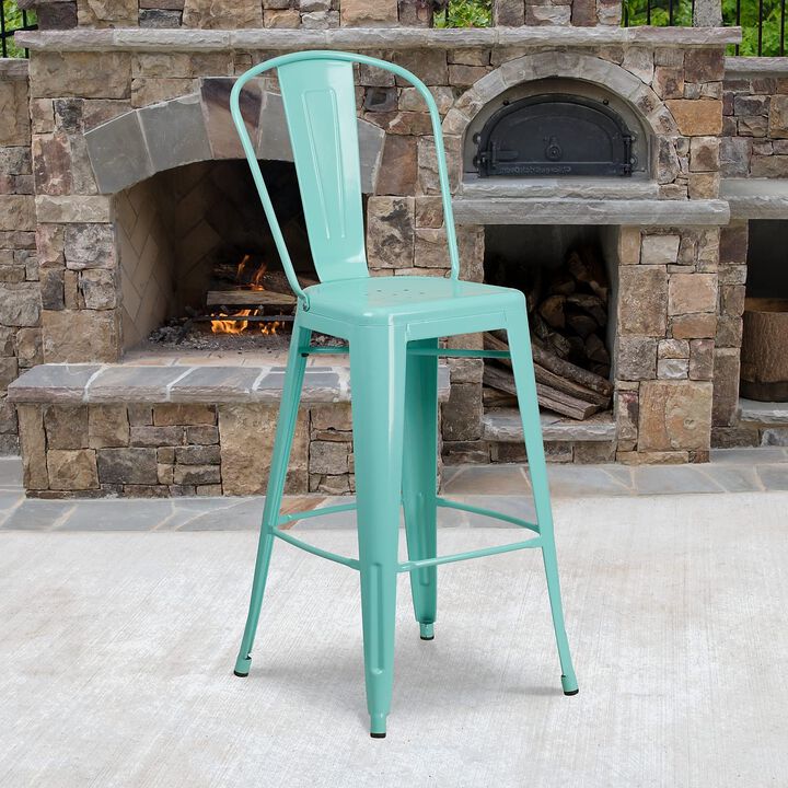 Flash Furniture Commercial Grade 30" High Mint Green Metal Indoor-Outdoor Barstool with Back