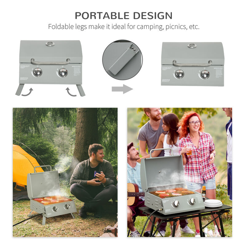 Outsunny 2 Burner Propane Gas Grill Outdoor Portable Tabletop BBQ with Foldable Legs, Lid, Thermometer for Camping, Picnic, Backyard, Light Grey