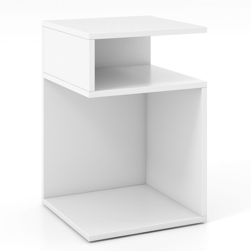 S-Shaped Side Table with Unique S-shaped Frame and 2 Open Compartments-White