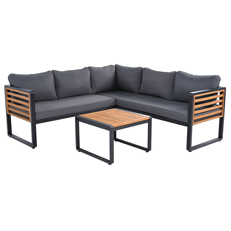 Whisen 4-Piece Metal & Wood Patio Set: L-Shaped Sectional with Cushions & Table