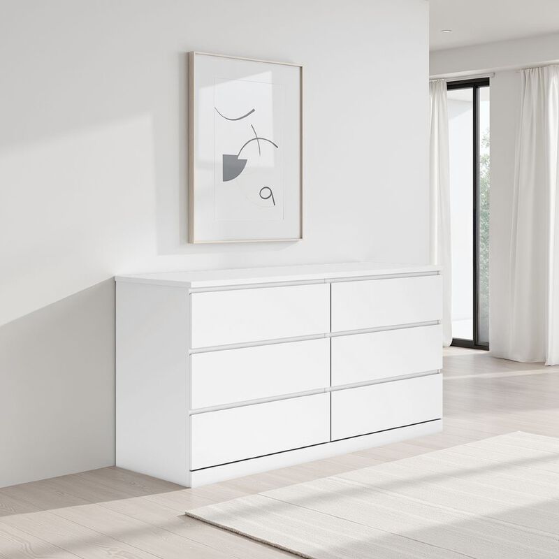 Onira Wide Dresser, 6 Spacious Drawers, Modern White Wood, 60 Inch - Benzara