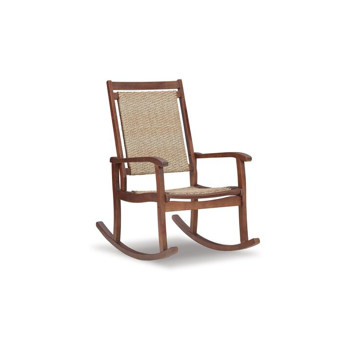 Emin 38 Inch Rocking Chair, Outdoor Resin Wicker Seat, Brown Wood Frame - Benzara