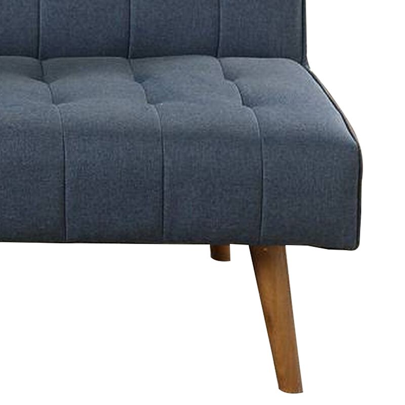 Ara 71 Inch Adjustable Futon Sofa Bed, Plush Cushioning, Tapered Legs, Blue - Benzara