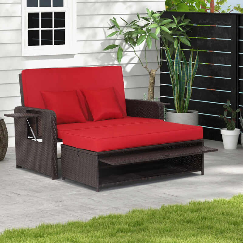 Patio Rattan Daybed with 4-Level Adjustable Backrest and Retractable Side Tray