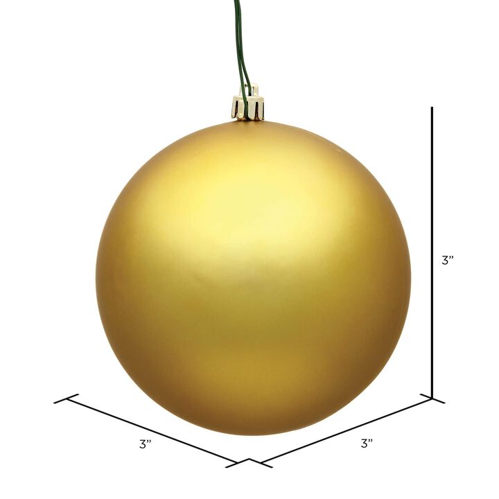 3" Gold Matte Ball 12/Bag UV Resistant Shatterproof, Pre-Drilled Cap Secured with 6" Green Floral Wire, 1 Year Christmas Seasonal