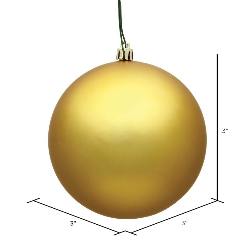 3" Gold Matte Ball 12/Bag UV Resistant Shatterproof, Pre-Drilled Cap Secured with 6" Green Floral Wire, 1 Year Christmas Seasonal image number 1