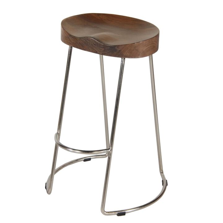 30 Inch Barstool with Mango Wood Saddle Seat, Iron Frame, Brown and Silver
