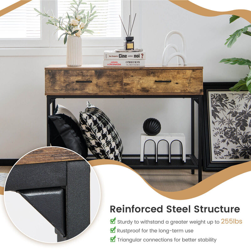 2 Drawers Industrial Console Table with Steel Frame for Small Space-Rustic Brown