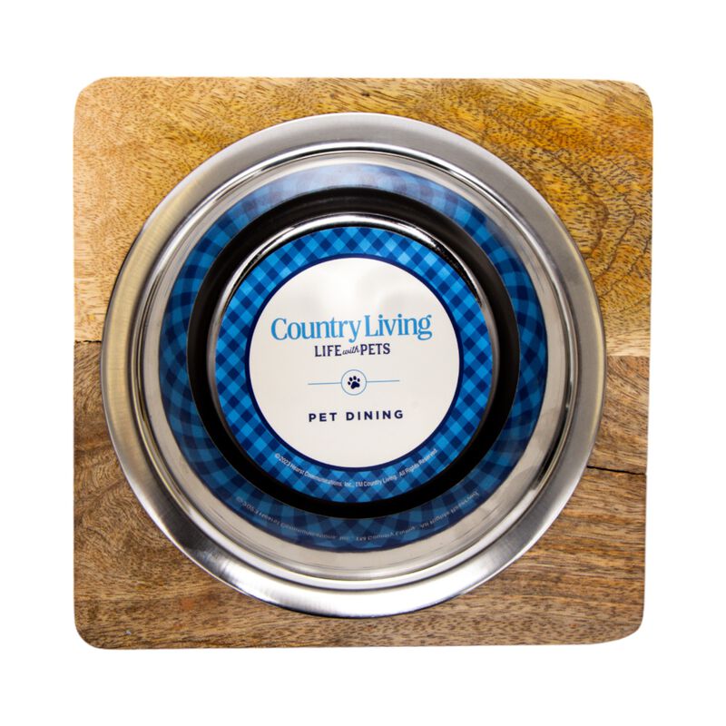 Country Living Elegant Stainless Steel Dog Bowl with Square Mango Wood Holder, Perfect for Modern Pet Homes – 1 qt