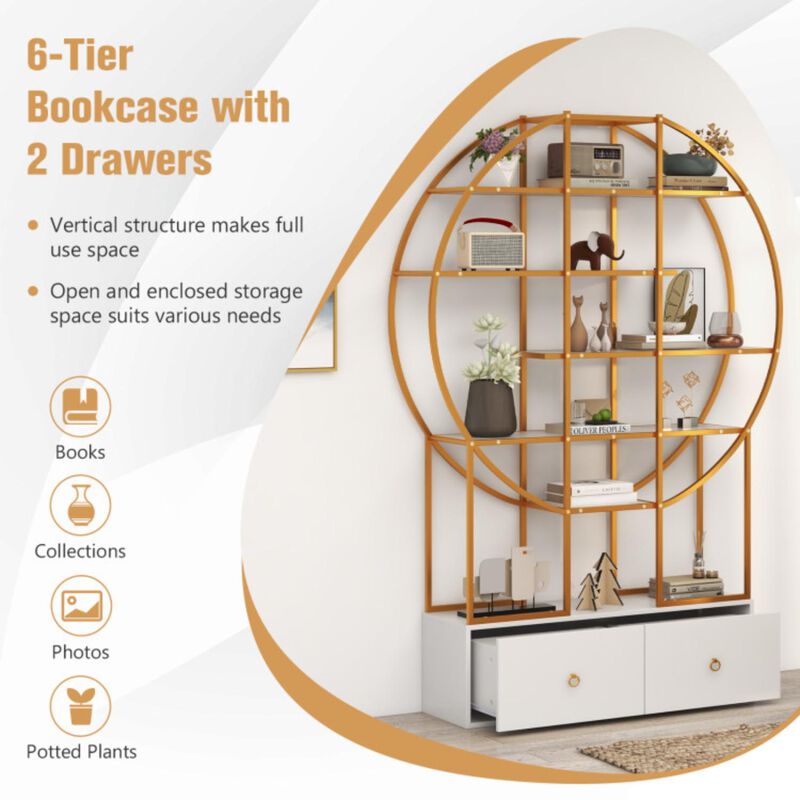 Hivvago 71 Inches 6-Tier Gold Bookshelf with 2 Storage Drawers