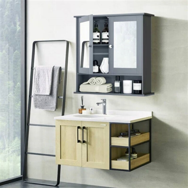Wooden Bathroom Medicine Cabinet with Mirrored Doors and Storage Shelf