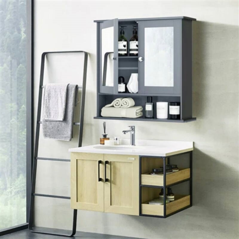 Wooden Bathroom Medicine Cabinet with Mirrored Doors and Storage Shelf