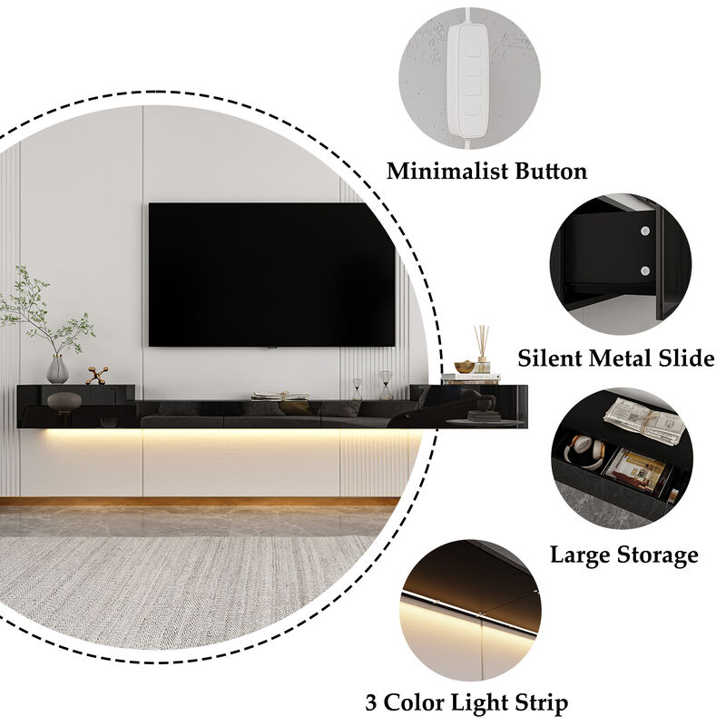 Black Mirror Finished TV Stand Wall-Mounted Entertainment Center Fits TV's up to 110.2 in. with 4 Drawers for Storage
