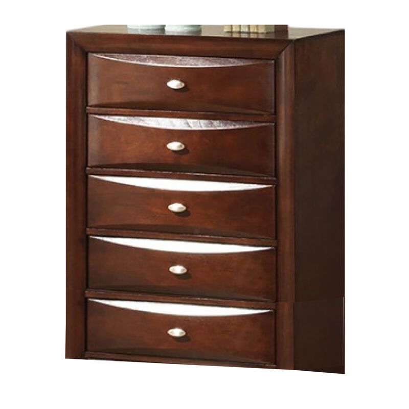 Simo Tall Dresser Chest, 5 Drawers Chrome Handles, Modern Cherry Brown