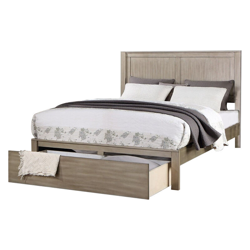 Kali Platform California King Bed, Panel Design, Storage Drawer, Light Tan - Benzara