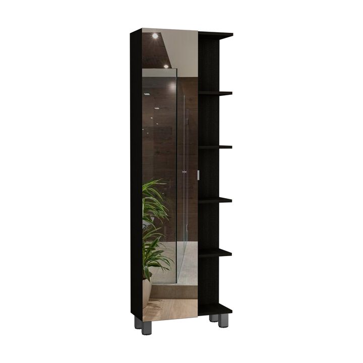 Urano Mirror Linen Cabinet, Four Interior  Shelves, Five External Shelves -Black