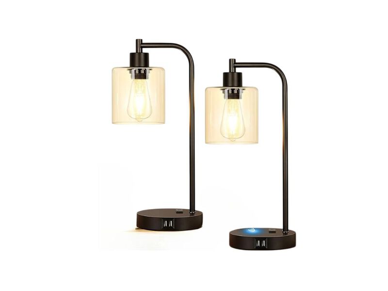 Industrial Table Lamp Set of 2 – Touch Dimmable, USB & AC, Glass Shade