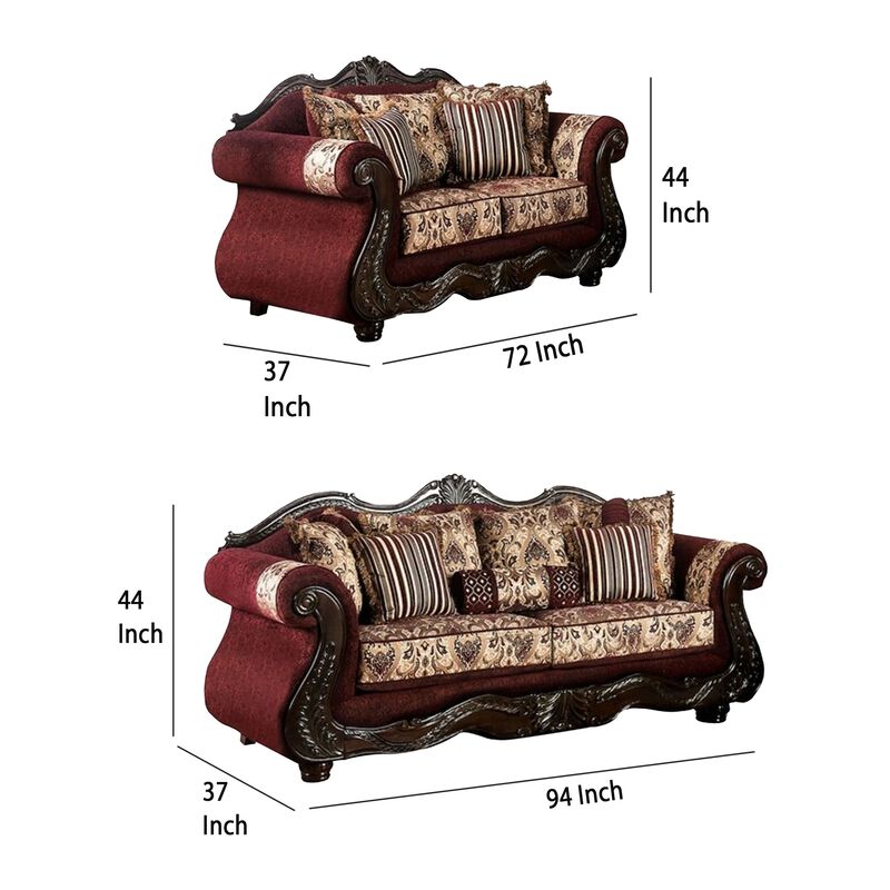 Maty 2pc Sofa Loveseat Set, Burgundy Brown Chenille, 5 Accent Pillows - Benzara image number 4