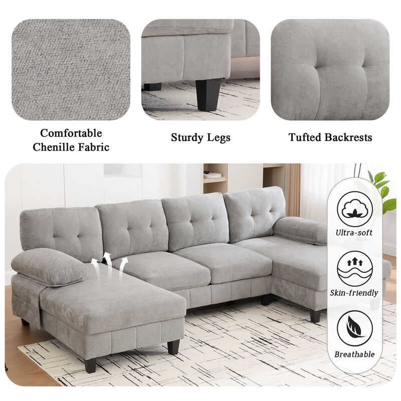 103.5" Chenille U Sectional Couch, Dual Chaise Lounge Sofa