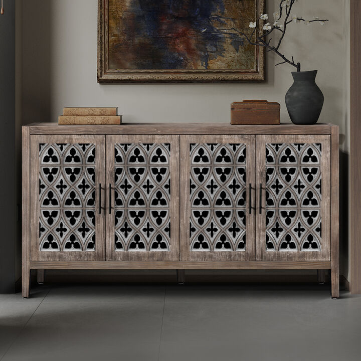Sesjog Farmhouse Hollow‑Carved 4‑Door Sideboard Storage Cabinet
