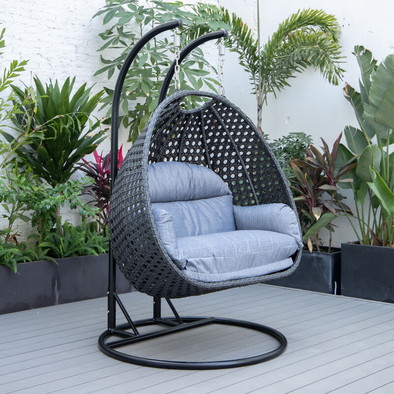 LeisureMod Mendoza Charcoal Modern Wicker Hanging 2 person Egg Swing Chair Removable Cushion image number 1