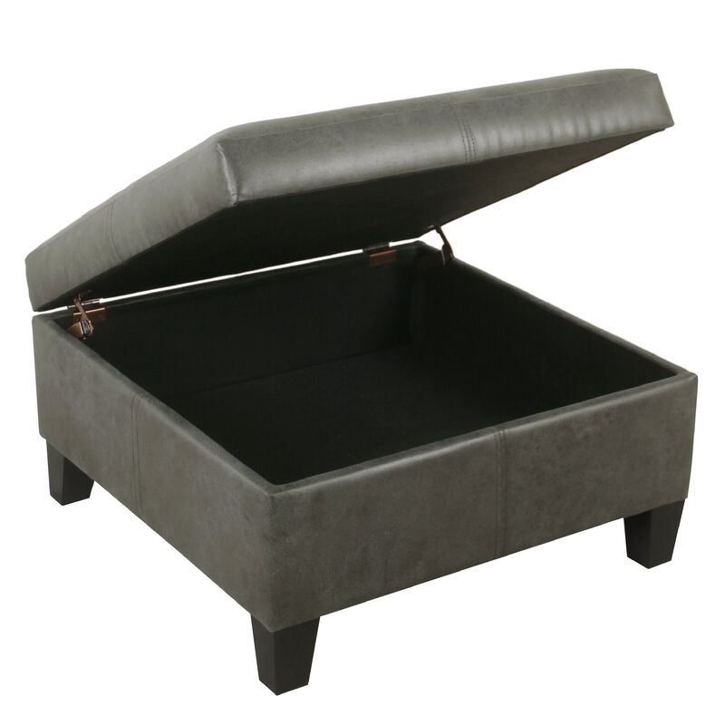Leo Square Storage Ottoman with Plush Gray Faux Leather, 28 Inch