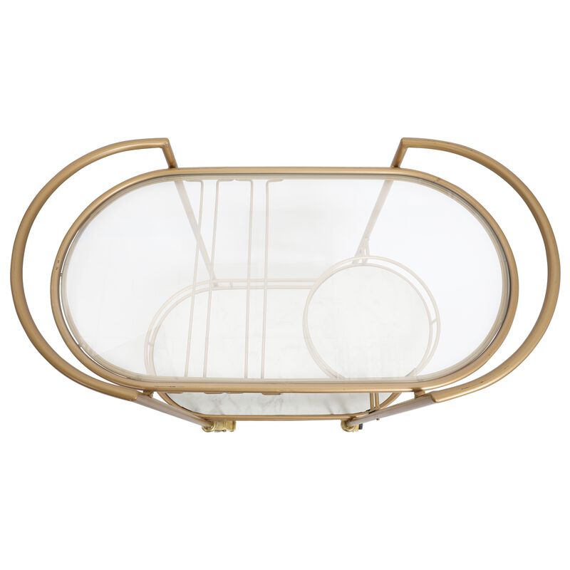 33 Inch Serving Cart, 3 Tier Glass and Marble Shelves, Gold Iron Frame, Lockable Casters - Benzara