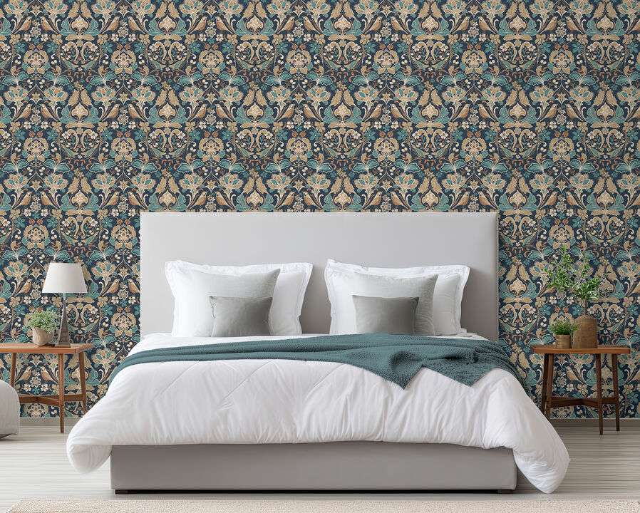 Birdy Navy Nuthatch Floral Wallpaper