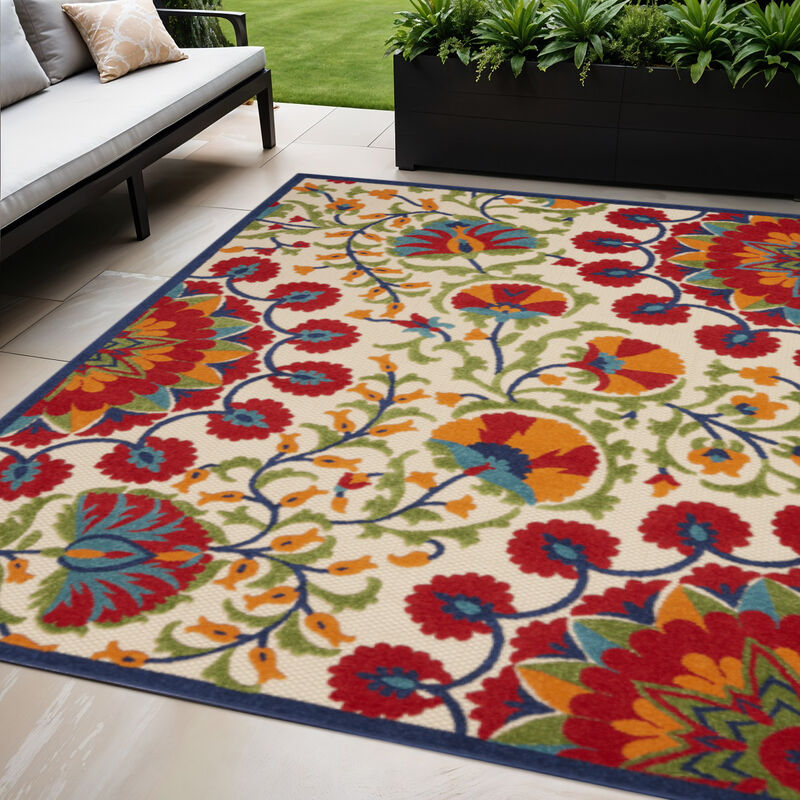HomeRoots 5' X 8' Navy Blue Beige Green Blue And Red Floral Indoor Outdoor Area Rug image number 1