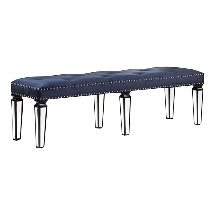Bench with Button Tufting and Mirror Tapered Legs, Blue-Benzara
