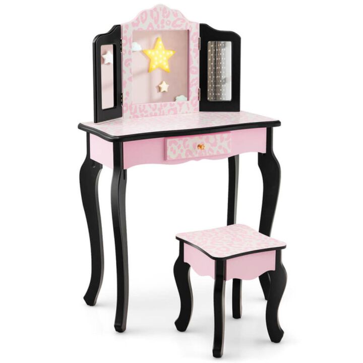 Hivvago Kid Vanity Set with Tri-Folding Mirror and Leopard Print-Pink