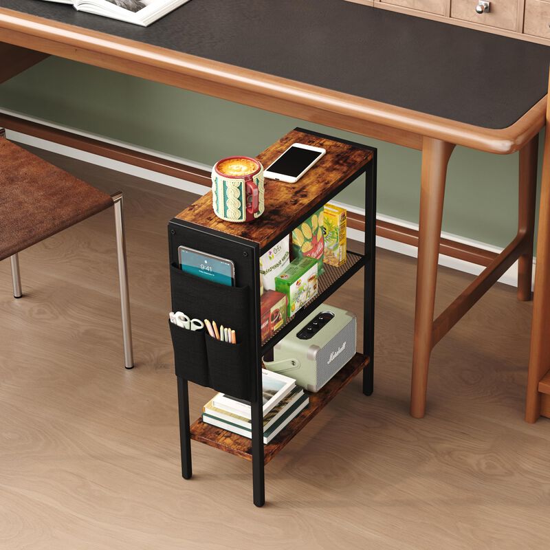 Yusong Small Narrow Side Table for Small Spaces, Slim End Table with Storage Bag, Sofa Snack Table with Adjustable Metal Mesh, 3