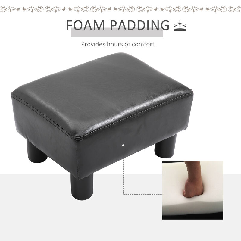 HOMCOM Ottoman Foot Rest, Small Foot Stool with Faux Leather Upholstery, Rectangular Ottoman Footrest with Padded Foam Seat and Plastic Legs, Bright Black