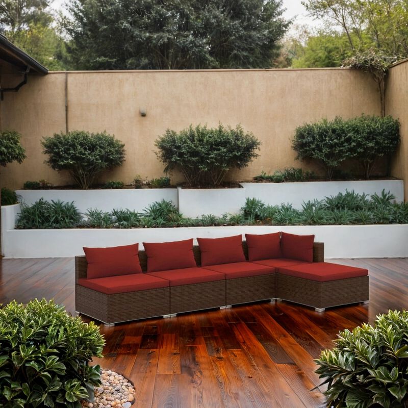 5pc Outdoor Modular Sectional Sofa Set, Red Cushions, Brown Rattan - Benzara