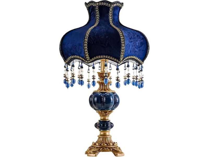 European Style Table Lamp with Fabric Shade Antique Resin Victorian Design Blue image number 0