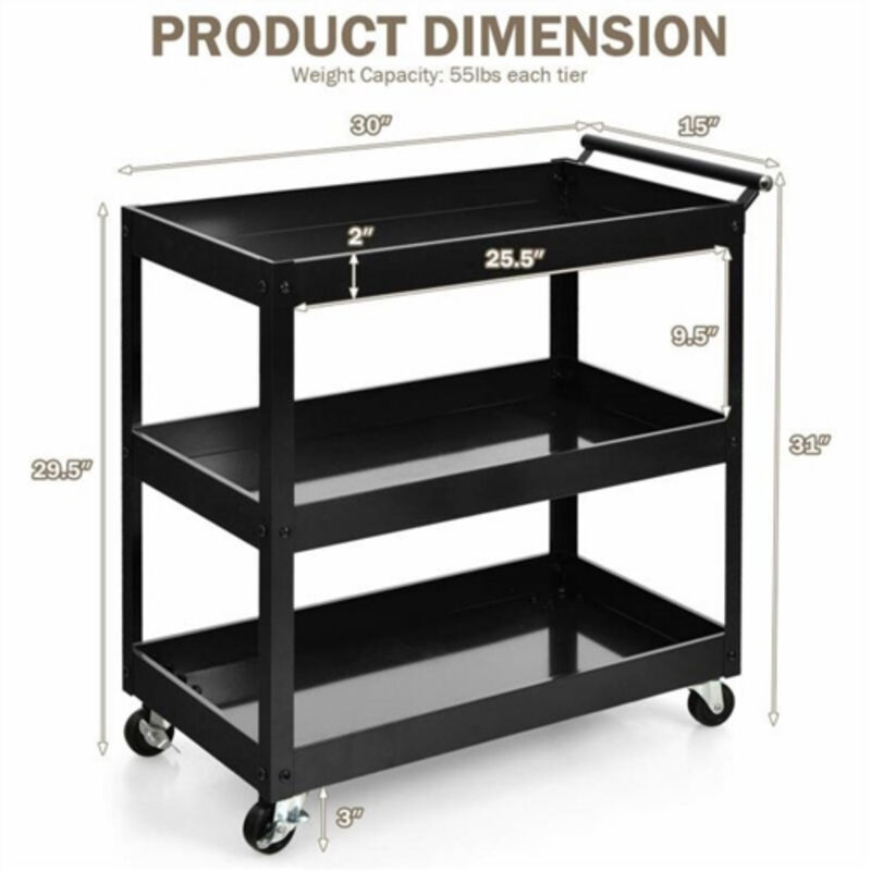 Steel Frame Kitchen Serving Utility Cart on Wheels with 2 Bottom Shelves