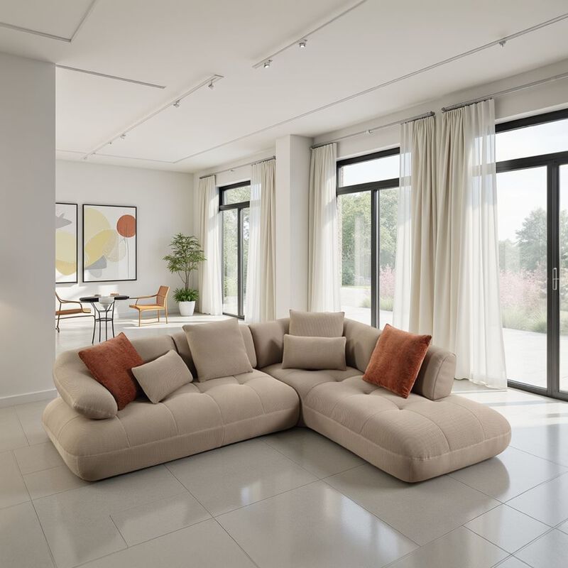 Erico L Sectional Sofa, 6 Pillows, Beige Sandwich Mesh Fabric 121 Inch