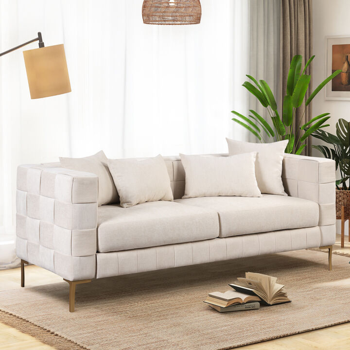 80.5" Upholstered Sofa with 4 Pillows Modern Sofa with Golden Metal Legs for Living Room, Bedroom, Apartment, Beige