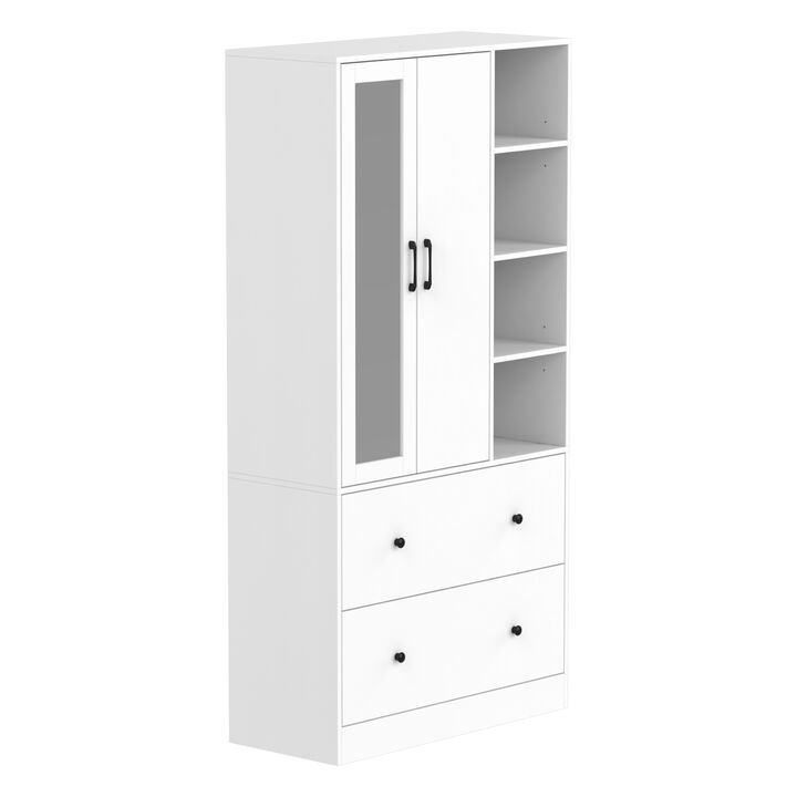 White Wood 35.5 in. W Armoires Wardrobe With Mirror, Pulling Hanging Rod, Drawers, Shelves 15.8 in. D x 70.8 in. H
