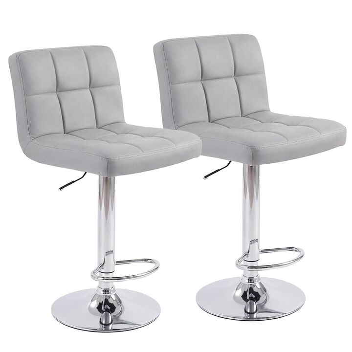 HomeRoots Set of Two Gray and Silver Faux Leather and Steel Adjustable Height Swivel Bar Chairs