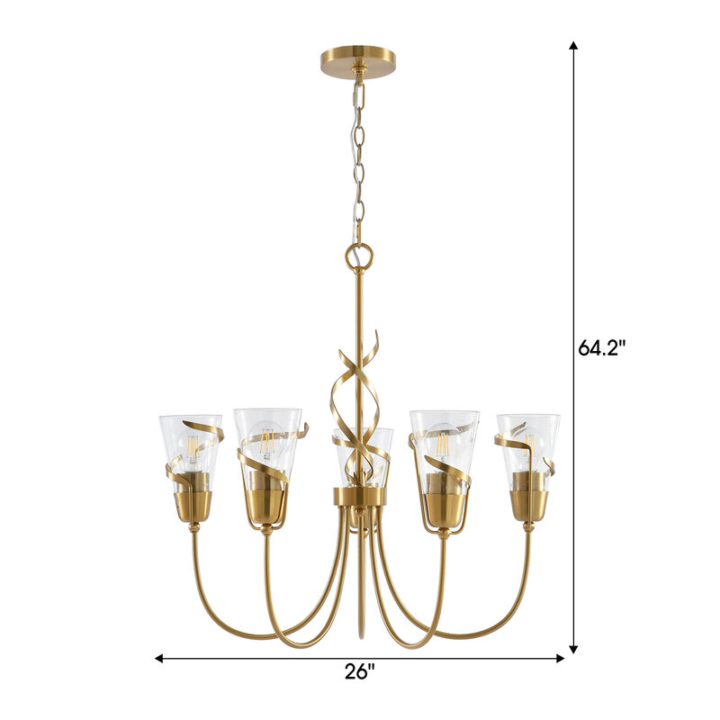 26 in. 5-Light Plated Gold Chandelier with Seeded Glass Shade