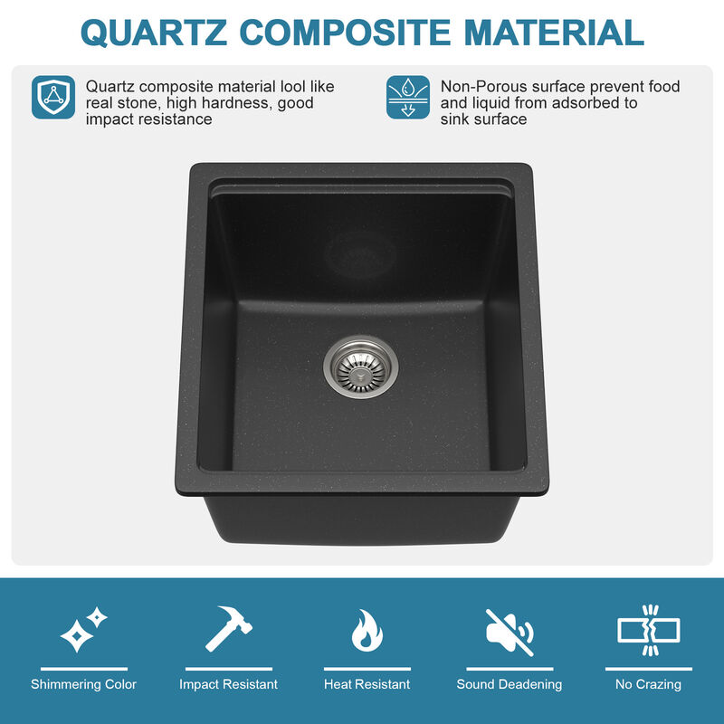 17 in. Undermount Single Bowl Workstation Black Quartz Composite Kitchen Sink Round Corner with Bottom Grid. image number 7