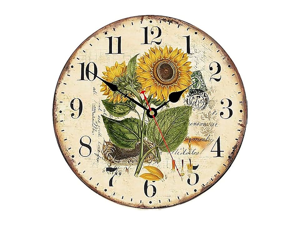 Vintage Floral Wall Clock Yellow Summer Sunflower Kitchen Decor Accessories Room