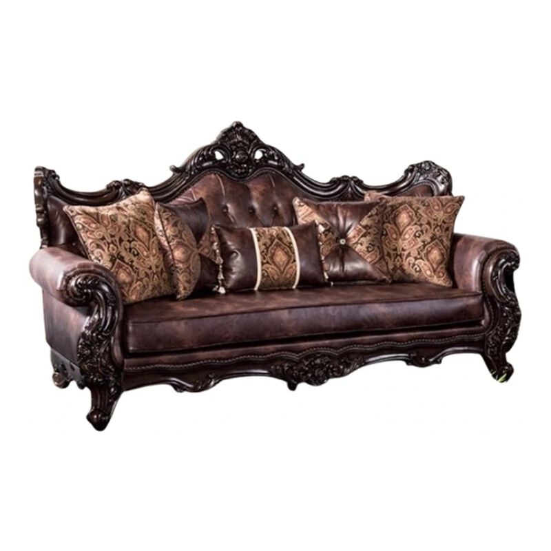 Puhi Sofa, Brown Faux Leather, Ornate Carved Dark Cherry Wood, 95 Inch image number 0