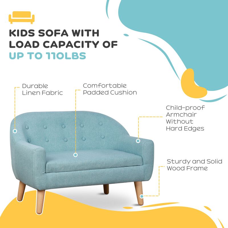 2-Seat Kids Sofa Linen Fabric and Wooden Frame Sofa for Kids and Toddlers Ages 3-6, 11" High Seat, Blue