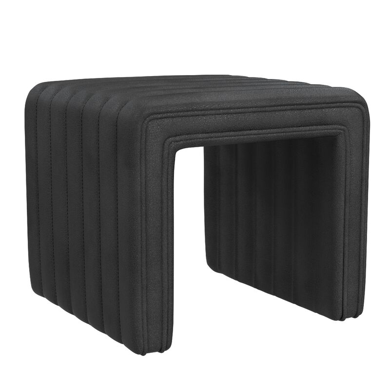 Ada Footstool Ottoman, Channel Tufted Black Faux Leather, 19 Inch image number 2