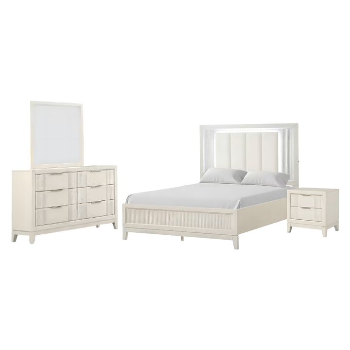 Toi 4pc Queen Bedroom Set w Dresser Mirror, Fluted LED, White Upholstery
